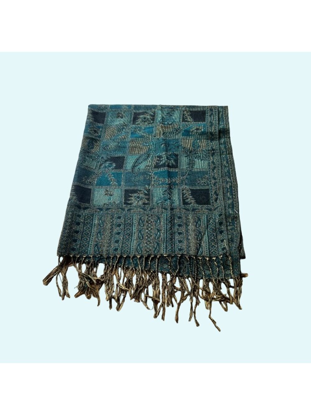 Boho Geometric Fringed Green Black Beige Scarf Size 72" x 28" Cottage